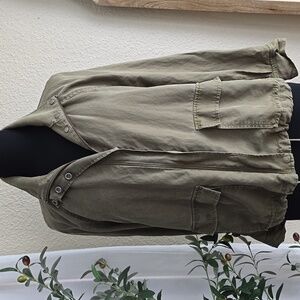 Eileen Fisher Olive Green Utility Military Jacket Medium pockets linen light